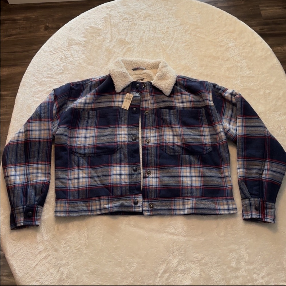 New, Aerie Cropped Plaid Sherpa Jacket - Picture 2 of 16